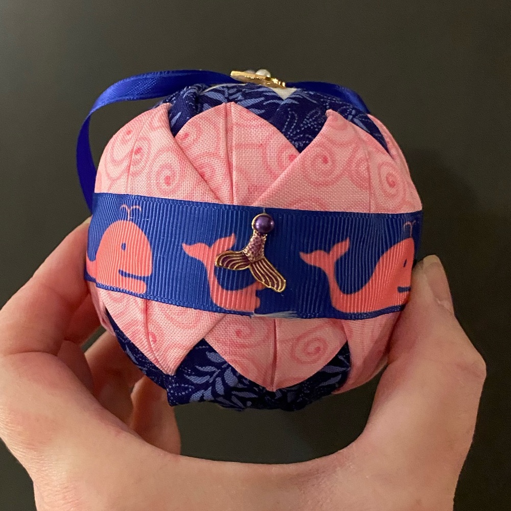 Pink and Blue Preppy Whale Handcrafted Quilted Holiday Ornament